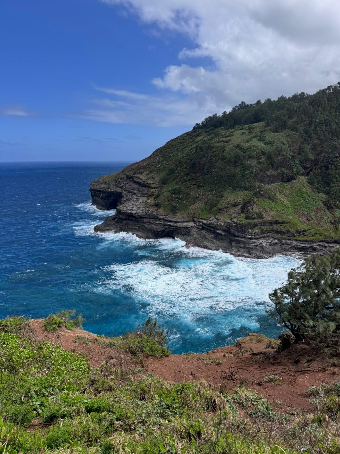 Coastal cliff with crashing waves near Kilauea Point on Kauai's North Shore