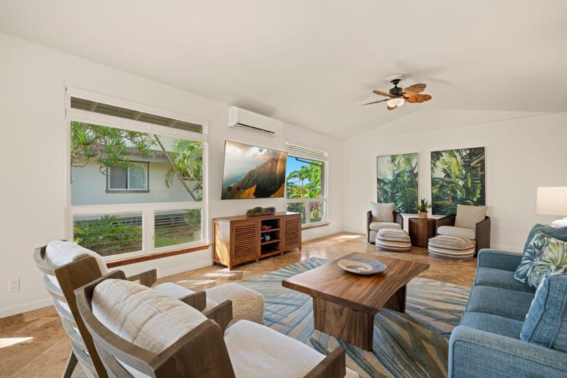 Bright living space at luxury Emmalani Hale near Hanalei Bay