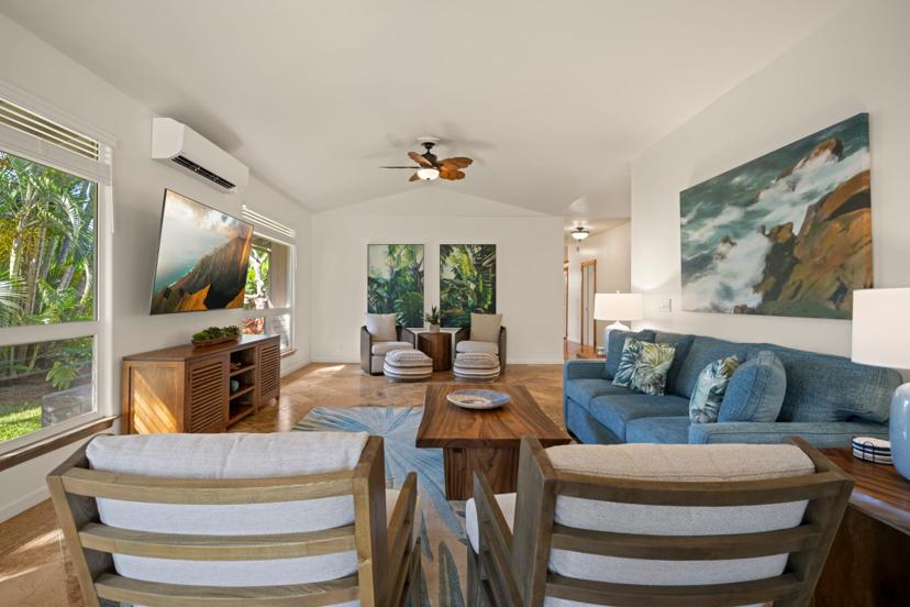 All-new luxury furnishings in the living room of Princeville vacation home