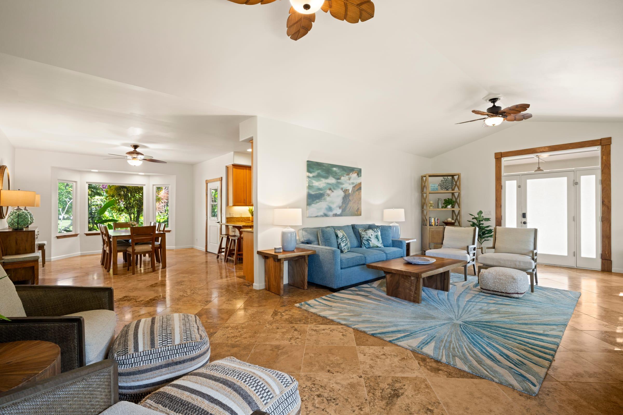 Luxury living room with all-new furnishings at Emmalani Hale, a Princeville villa