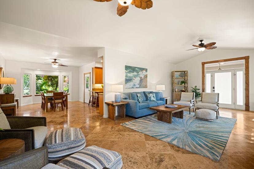 Luxury living room with all-new furnishings at Emmalani Hale, Princeville Kauai