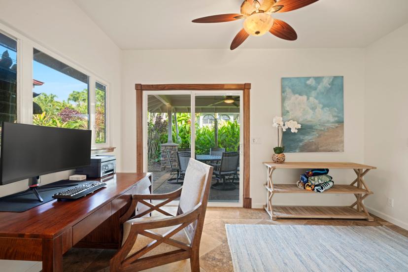 Home workspace with desk and view to covered lanai, Emmalani Hale