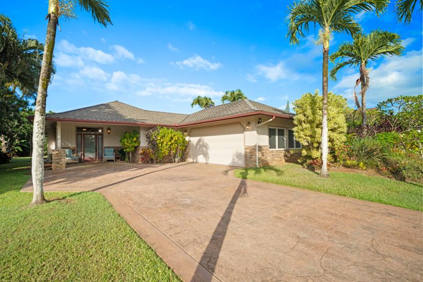 Front exterior of Emmalani Hale, a single-story Princeville Kauai vacation rental
