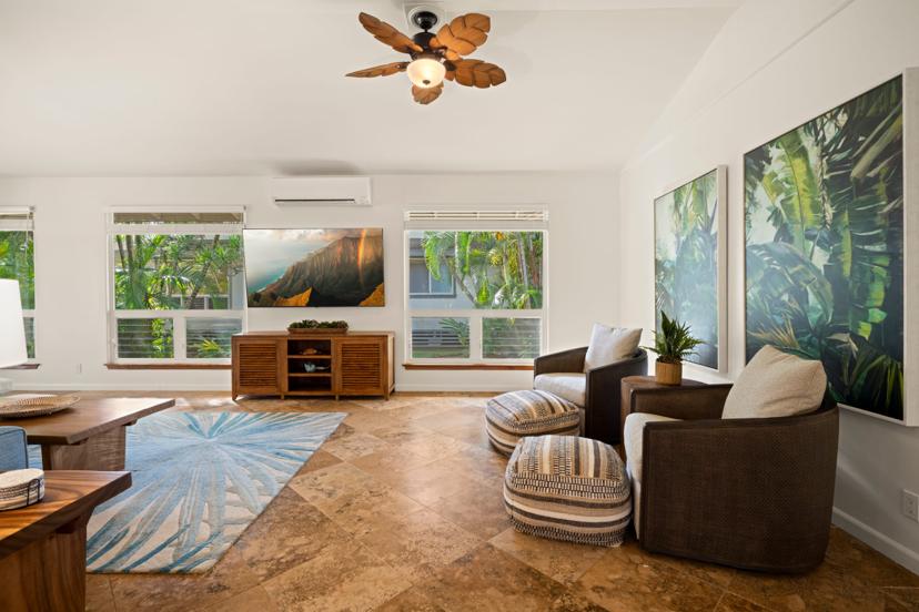 Living room with refurnished interiors at North Shore Kauai vacation rental
