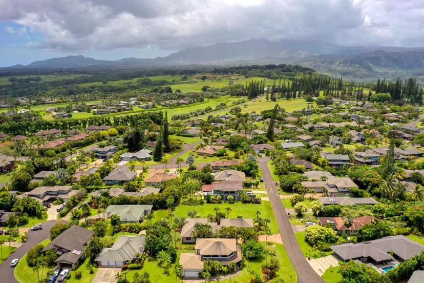 Princeville aerial with mountain backdrop, Kauai North Shore