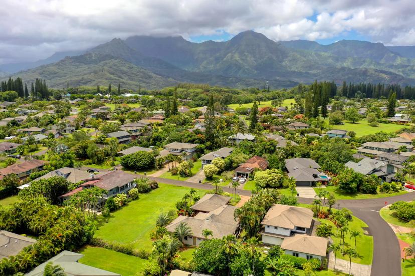 Aerial view of Princeville with Hanalei mountain range, Kauai North Shore