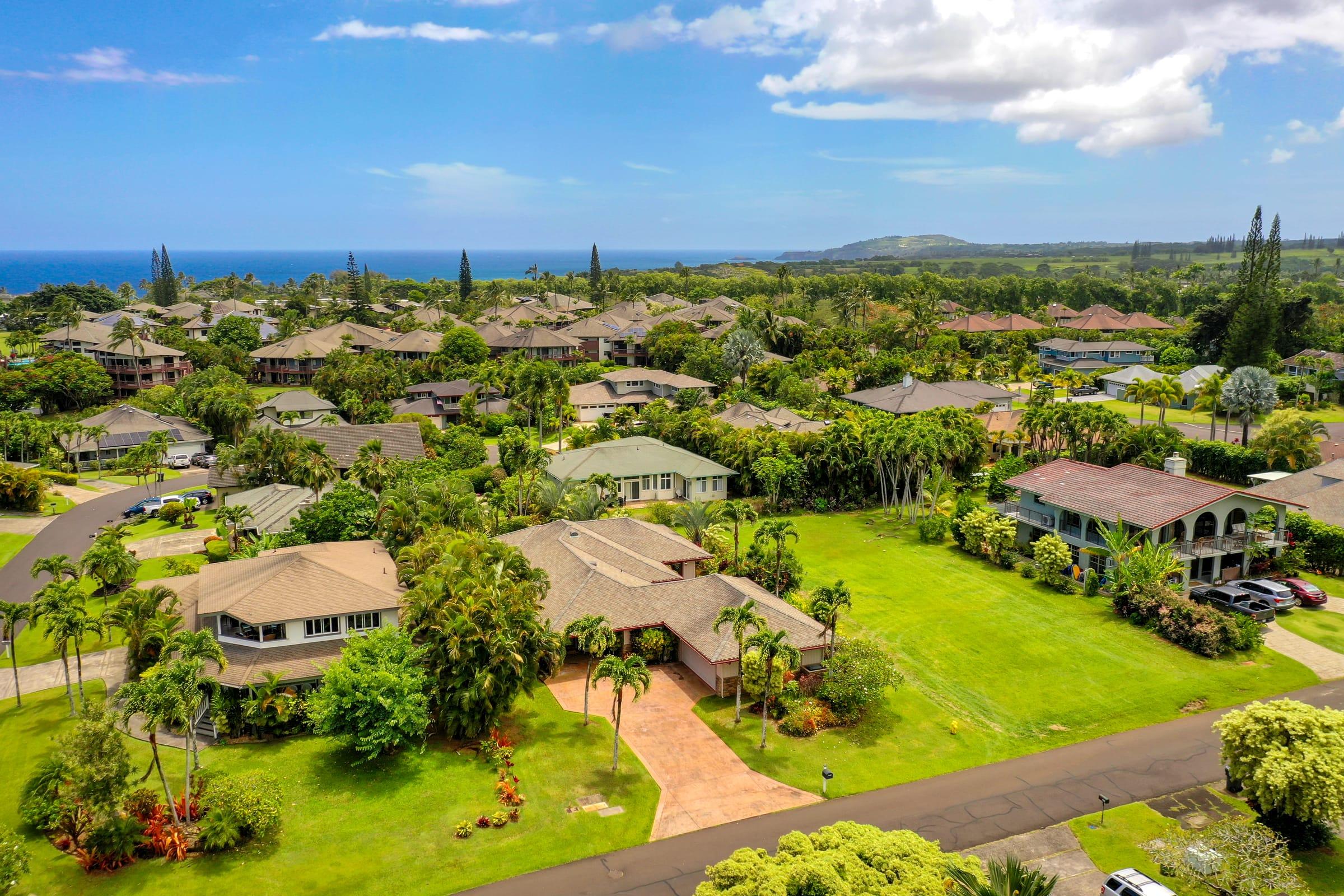 Aerial view of Emmalani Hale in Princeville, Kauai, near Hanalei Bay on the North Shore
