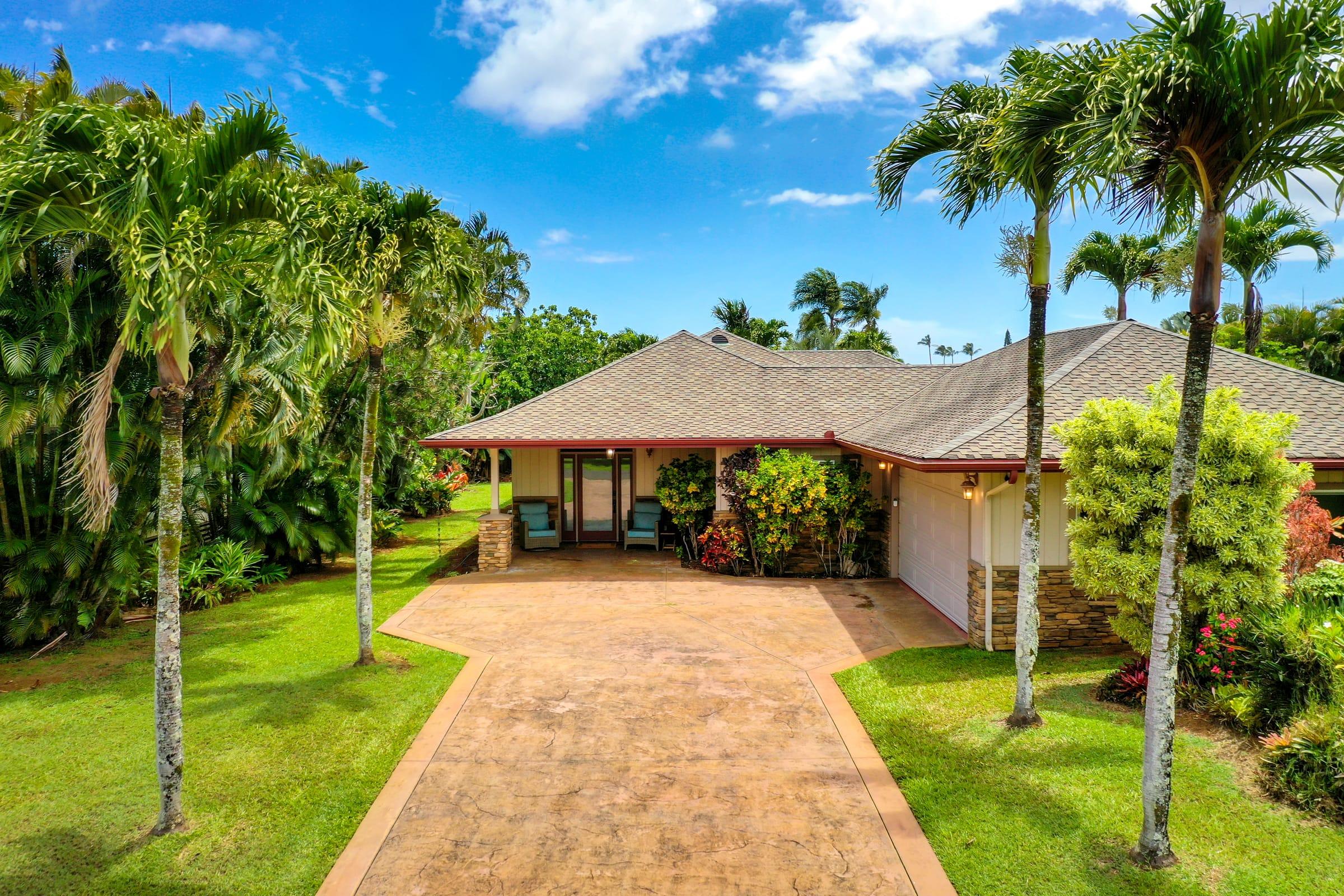 Aerial of Emmalani Hale showing its single-story footprint, a single-level Princeville Kauai vacation rental with minimal stairs