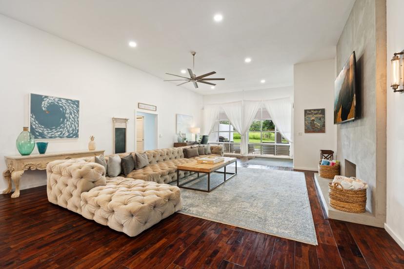 Emmalani Pool House living room and desk Kauai