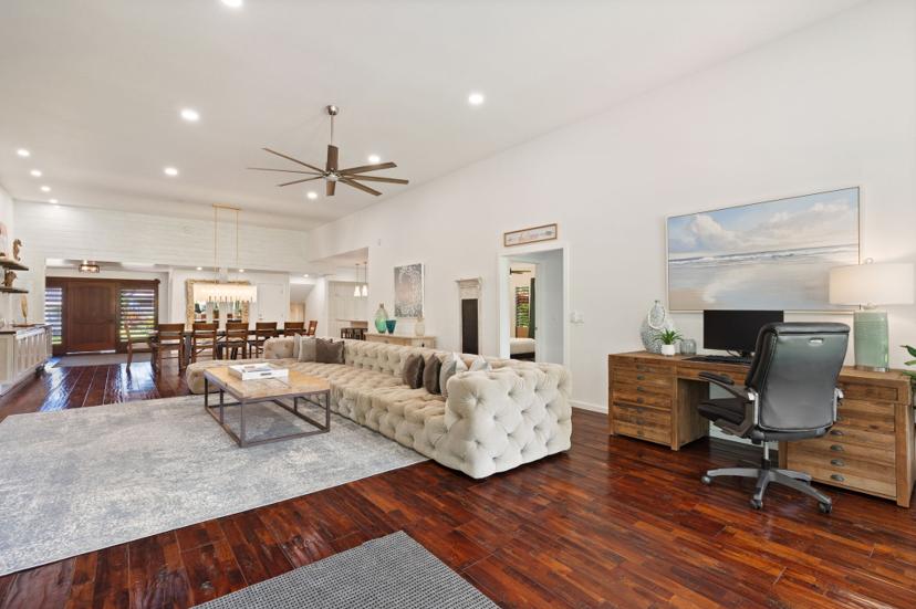 Emmalani Pool House living room to kitchen Kauai