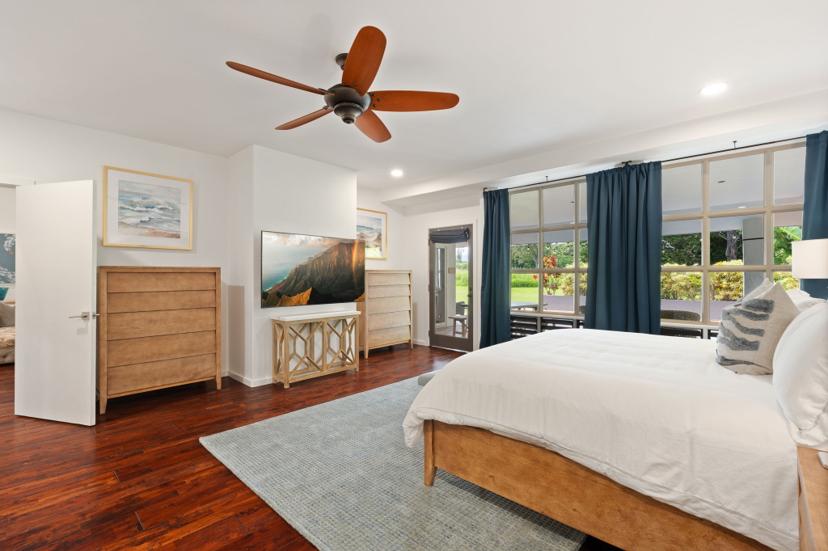 Master bedroom TV area Emmalani Pool House Kauai