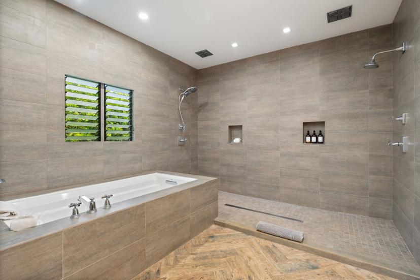 Master bathroom vanity and tub Emmalani Pool House Kauai