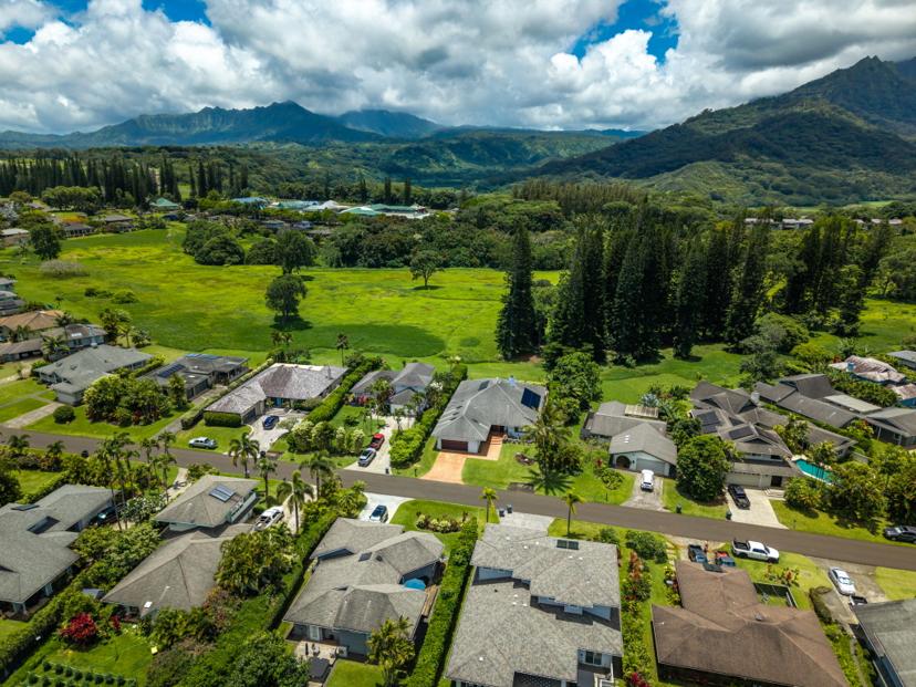Aerial Emmalani Pool House Princeville neighborhood Kauai