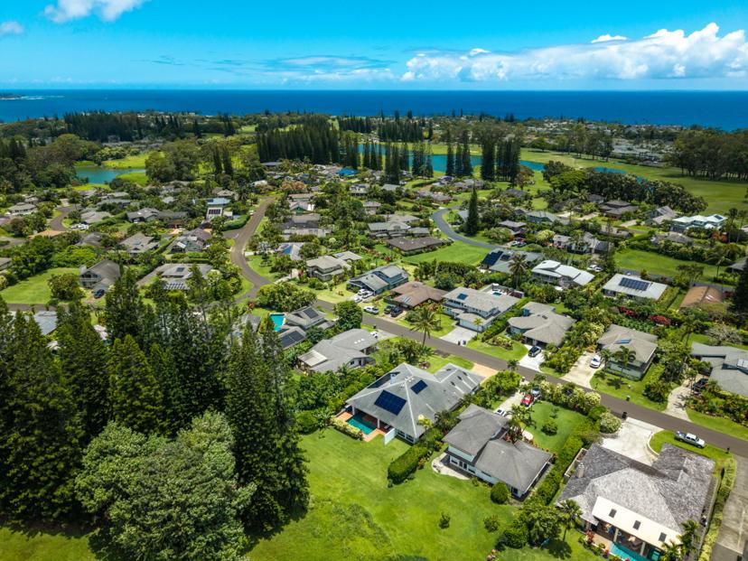 Aerial Emmalani Pool House Kauai landscape