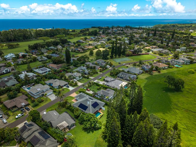 Aerial Emmalani Pool House Kauai mountains