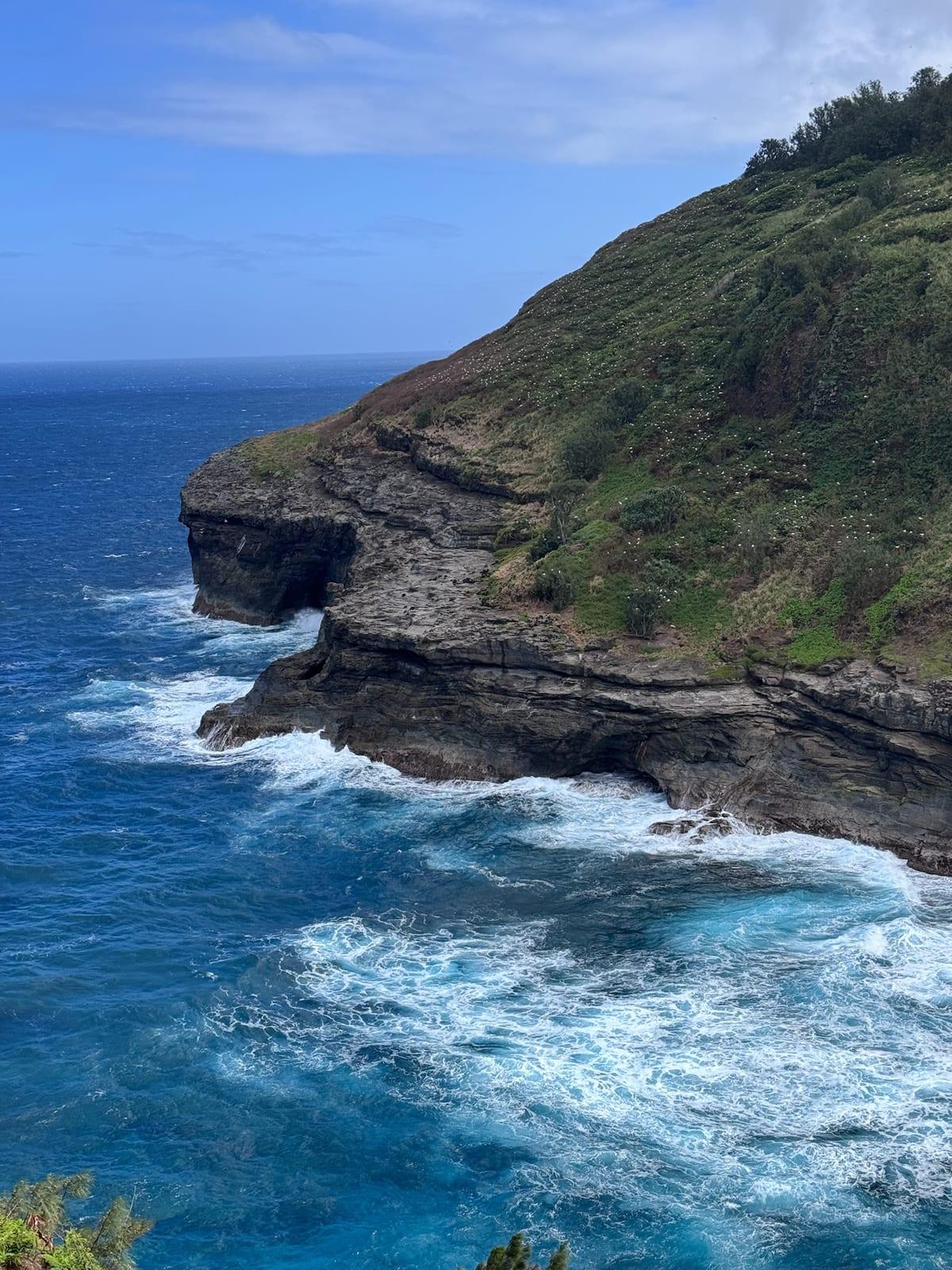 Rough surf breaking against green coastal cliffs near Kilauea Point on Kauai's North Shore