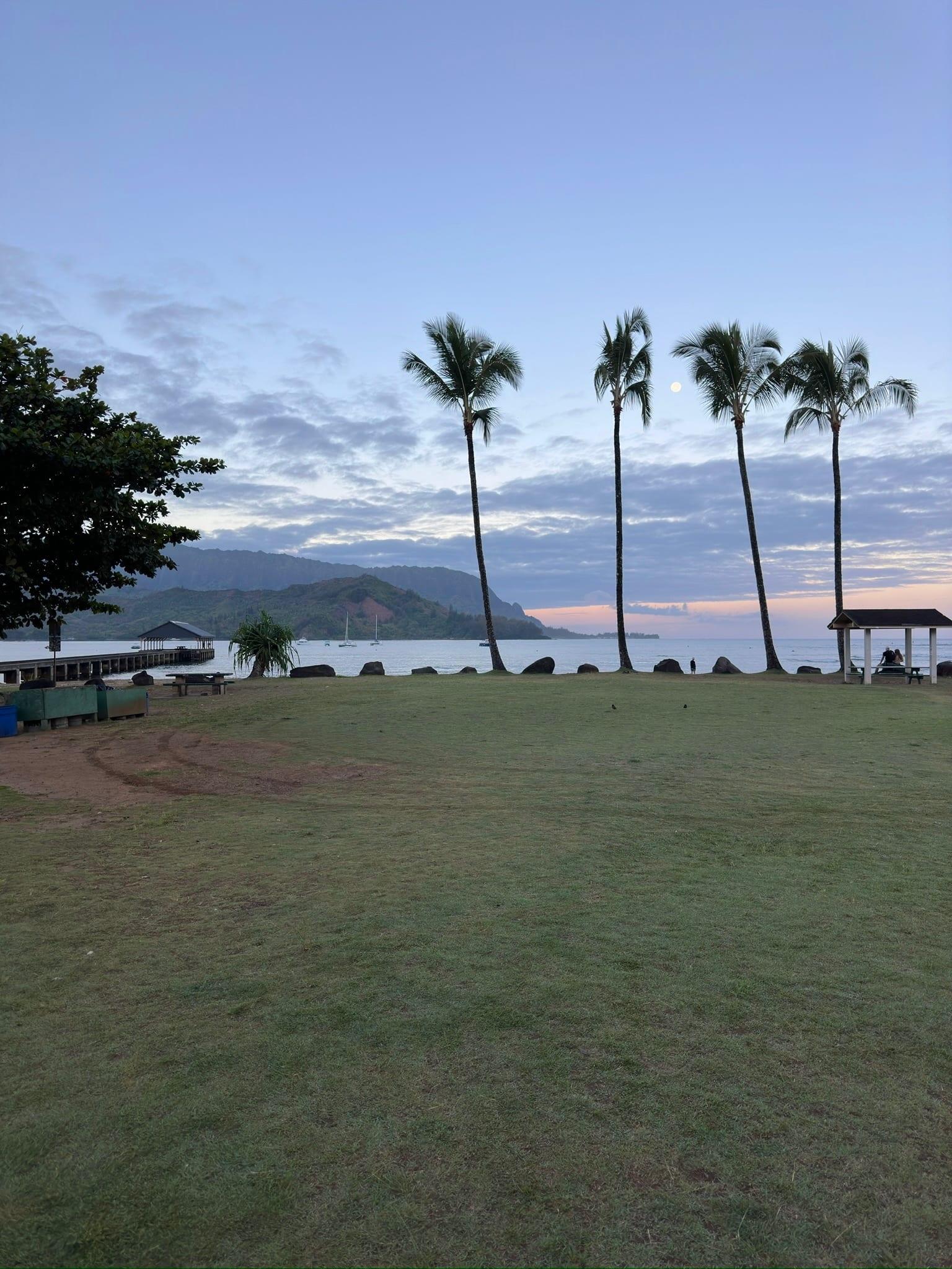Hanalei Bay lawn with palms and the pier at sunrise, moon still in the sky, near Princeville, Kauai