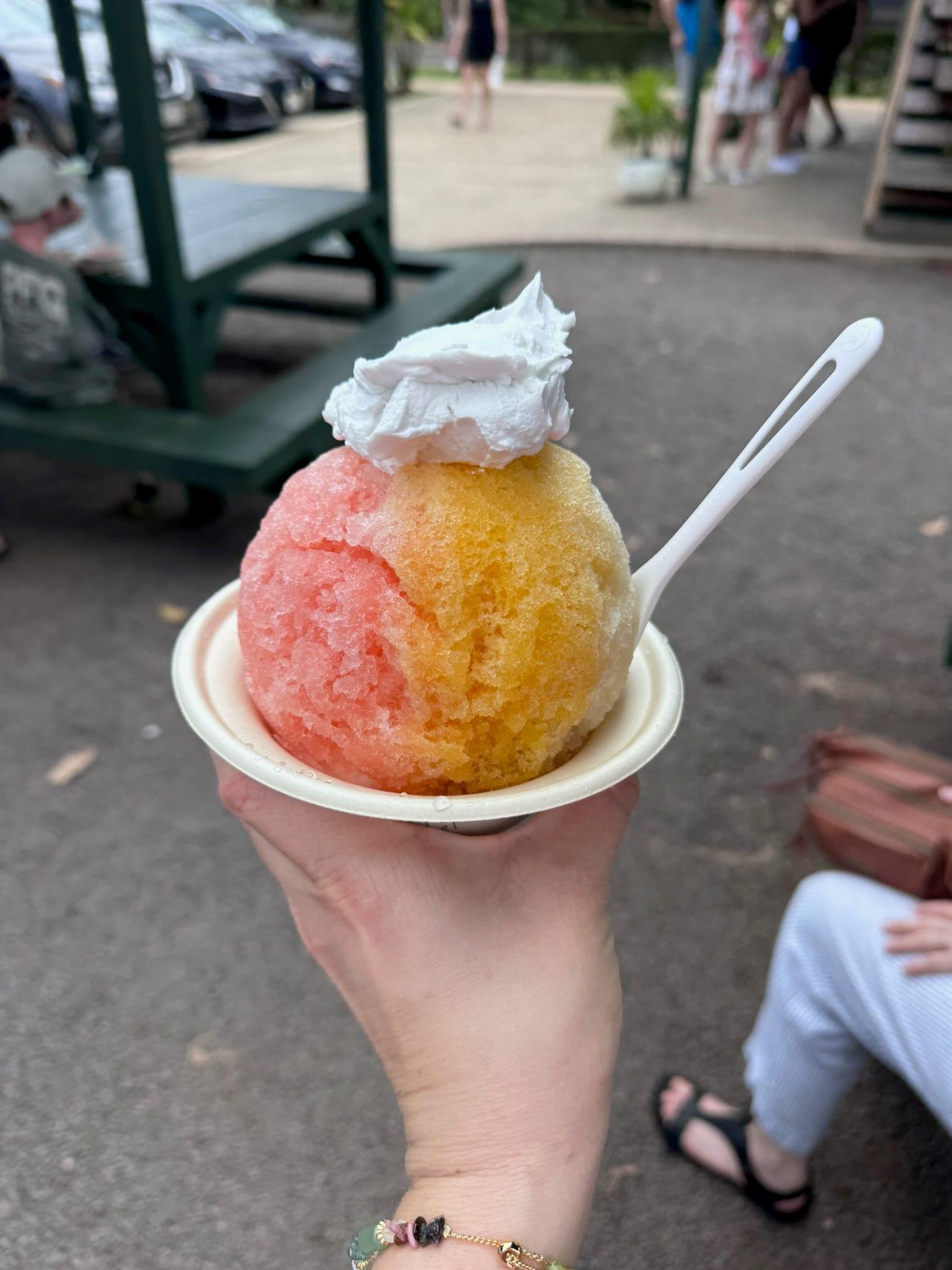 A rainbow shave ice with whipped cream, held up at a North Shore stand